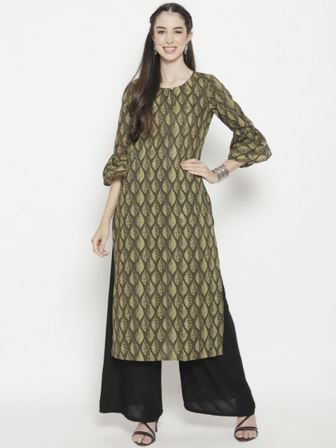 

Luni Women Green Flared Sleeves Mirror Work Kurta
