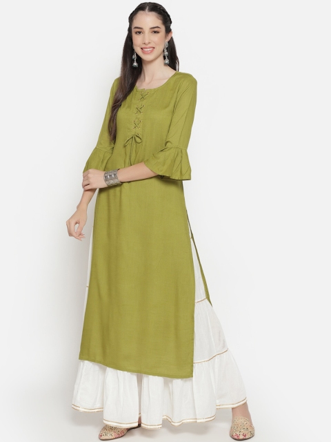 

Luni Women Green Bell Sleeves Straight Kurta