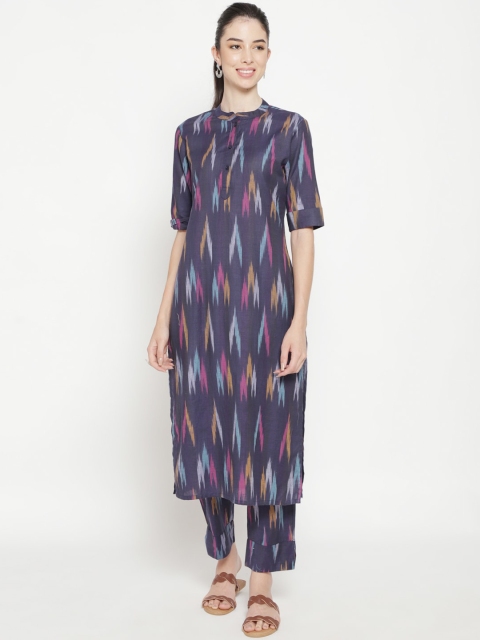 

Luni Women Blue Ikat Printed Pure Cotton Kurta with Trousers