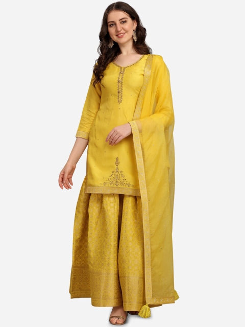 

Seerat Women Yellow Ethnic Motifs Regular Thread Work Pure Silk Kurti with Sharara