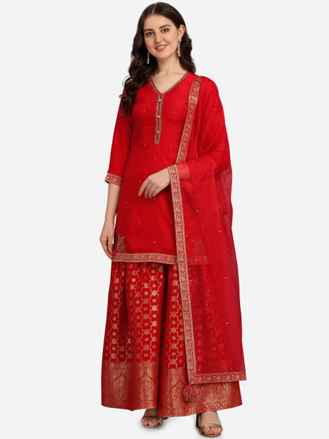 

Seerat Women Red Handworked Kurta with Jacquaed Sharara and Dupatta