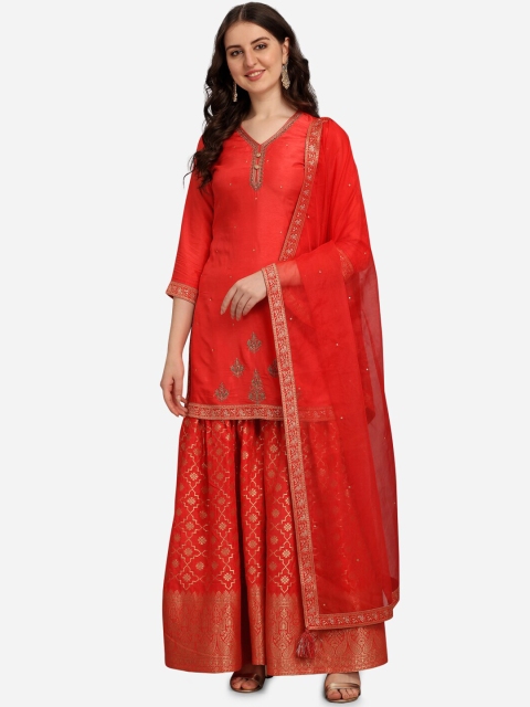 

Seerat Women Red Ethnic Motifs Regular Pure Silk Kurta with Sharara
