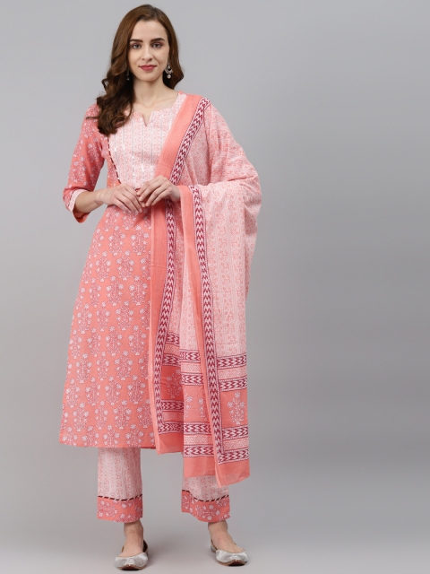 

Readiprint Fashions Women Peach-Coloured Floral Printed Regular Sequinned Pure Cotton Kurta with Pyjamas &