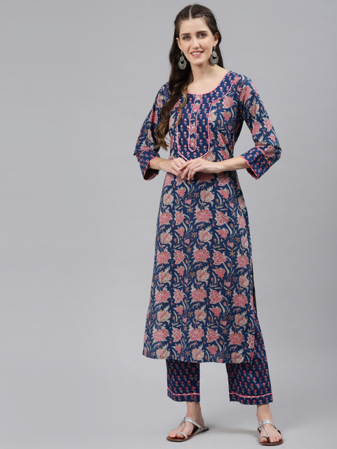 

Readiprint Fashions Women Blue Floral Printed Regular Sequinned Pure Cotton Kurta with Pyjamas