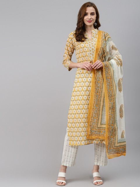 

Readiprint Fashions Women Yellow Floral & White Printed Kurta with Trousers & Dupatta