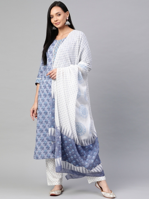 

Readiprint Fashions Women Grey Floral Printed Regular Beads and Stones Pure Cotton Kurta with Pyjamas & With