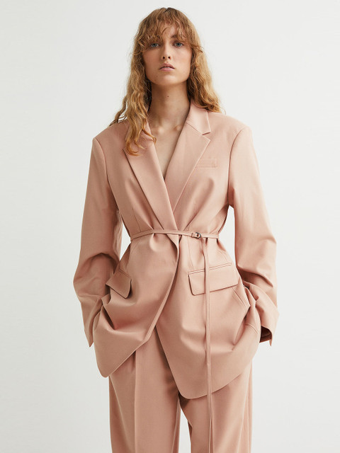 

H&M Women Pink & Beige Solid Belted Jacket
