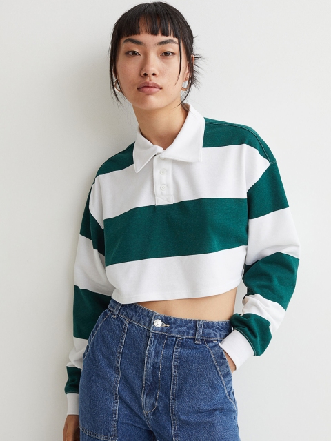 

H&M Women Green & White Striped Cropped Rugby Shirt