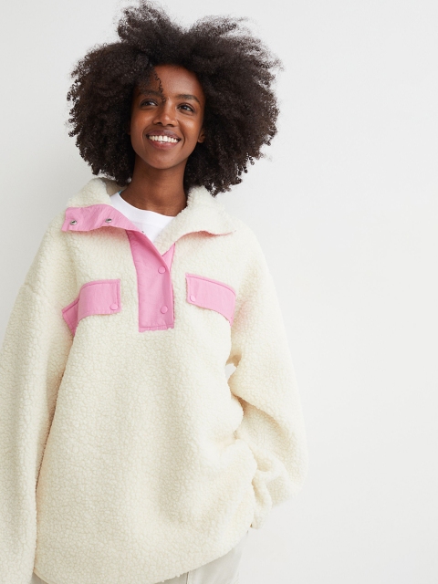 

H&M Women White & Pink High-Collar Faux Shearling Top