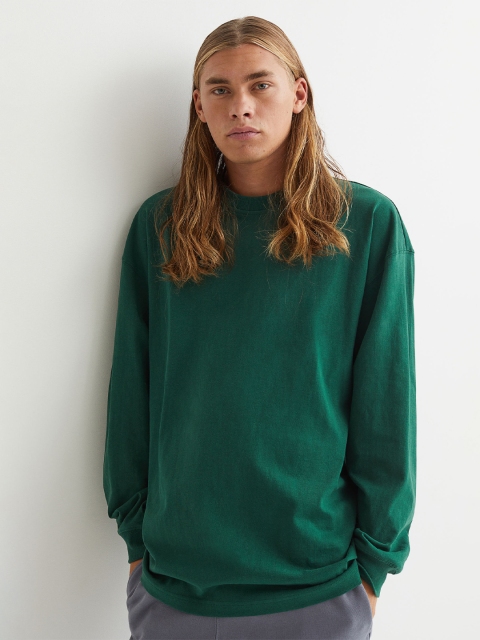 

H&M Men Green Solid Long-Sleeved Cotton T-shirt