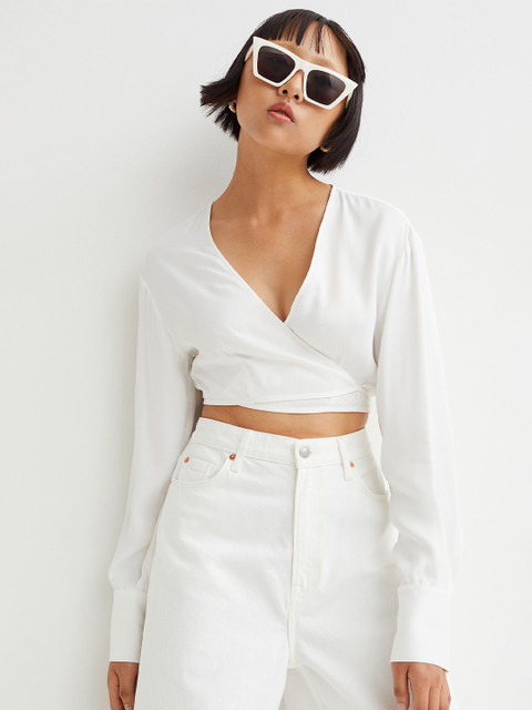 

H&M Women White Tie-Detail Cropped Blouse