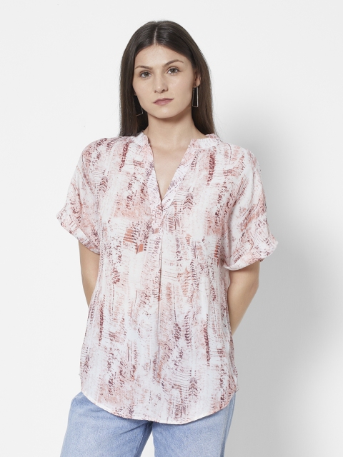 

URBANIC White & Pink Print Mandarin Collar Top