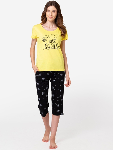 

Lounge Dreams Women Yellow & Black Cotton Night Suit