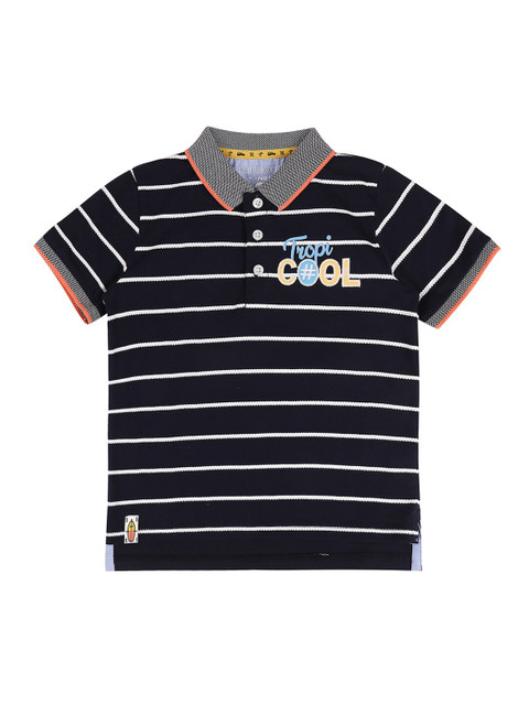 

Pantaloons Junior Boys Navy Blue Striped Polo Collar Applique T-shirt