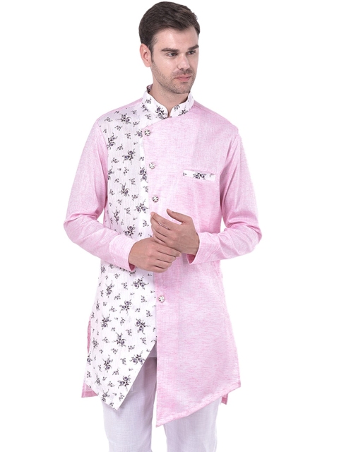 

SG LEMAN Men Pink Floral Printed Angrakha Kurta