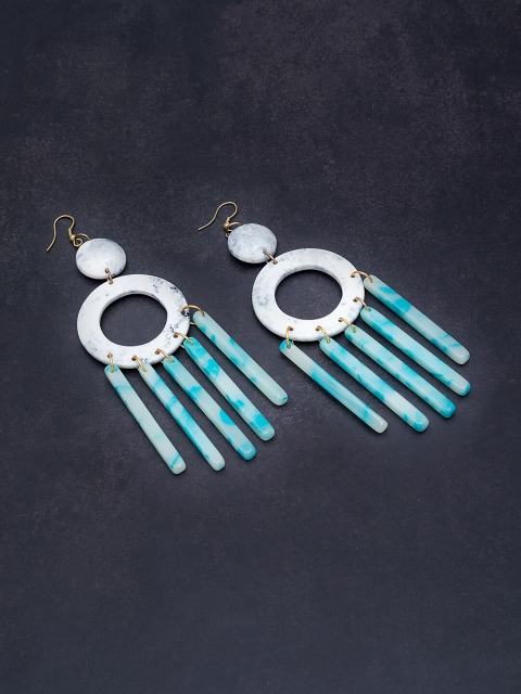 

Golden Peacock Blue & White Circular Drop Earrings