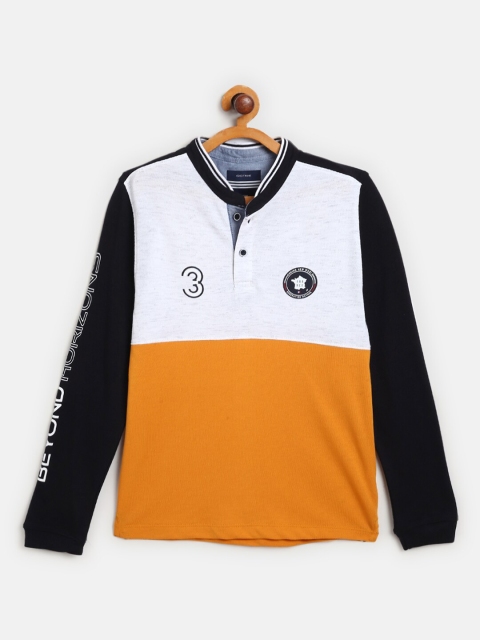 

Octave Boys Yellow & White Colourblocked Mandarin Collar Cotton T-shirt