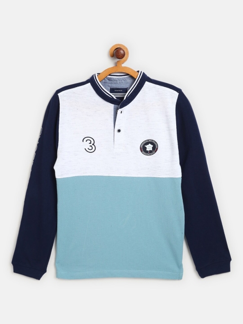 

Octave Boys Blue & White Colourblocked Mandarin Collar Applique T-shirt