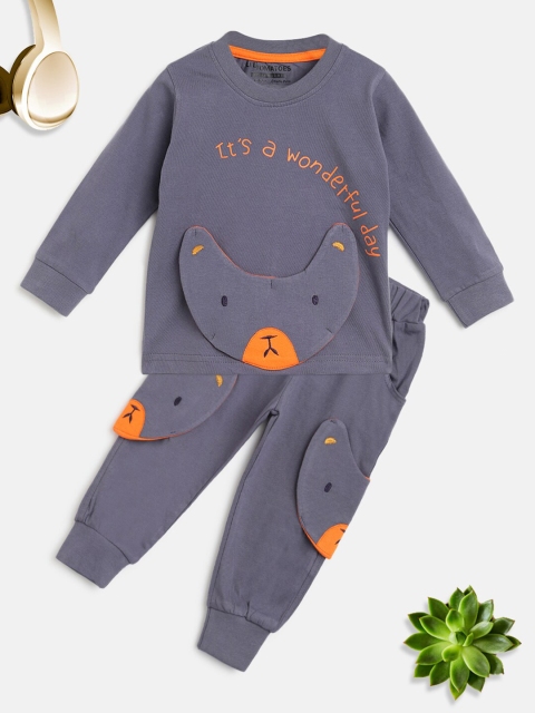 

Lil Tomatoes Unisex Kids Purple & Orange Printed Pure Cotton T-shirt with Pyjamas