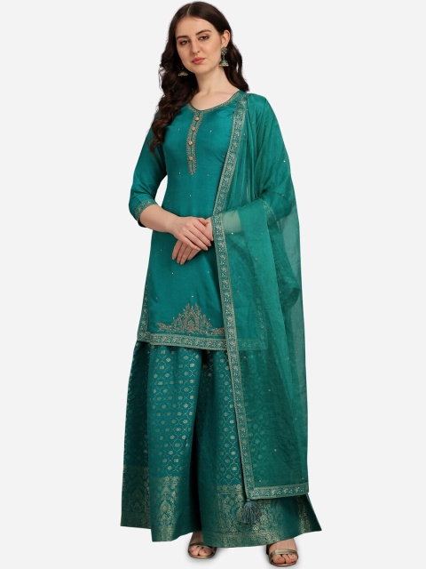 

Seerat Women Green Ethnic Motifs Regular Zardozi Pure Silk Kurta with Sharara & With Dupatta