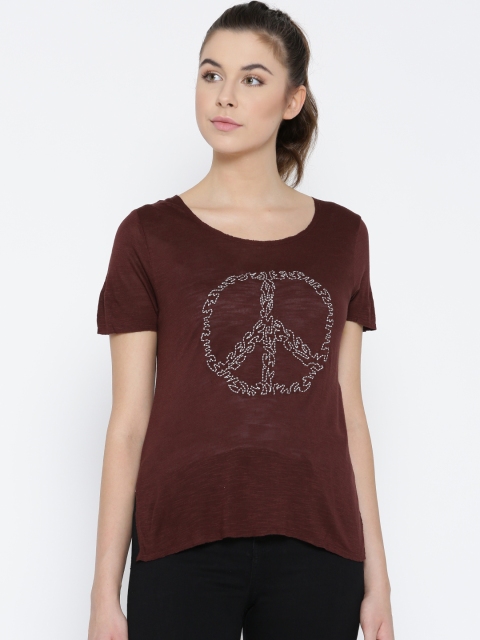 

Vero Moda Women Burgundy Embroidered Round Neck T-shirt