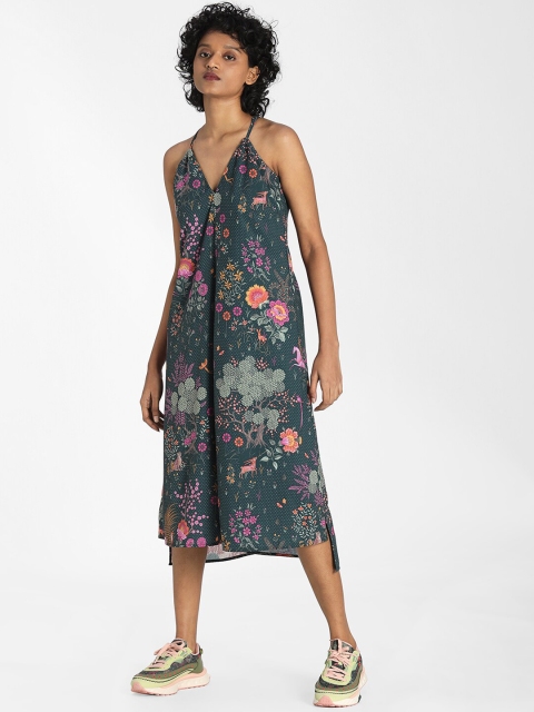 

Puma Green & Pink Floral A-Line Midi Dress