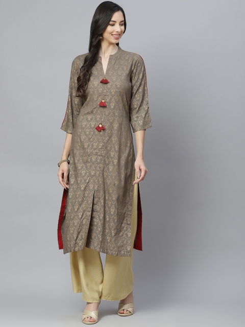 

aayusika Women Olive Green & Gold-Toned Ethnic Motifs Printed Kurta