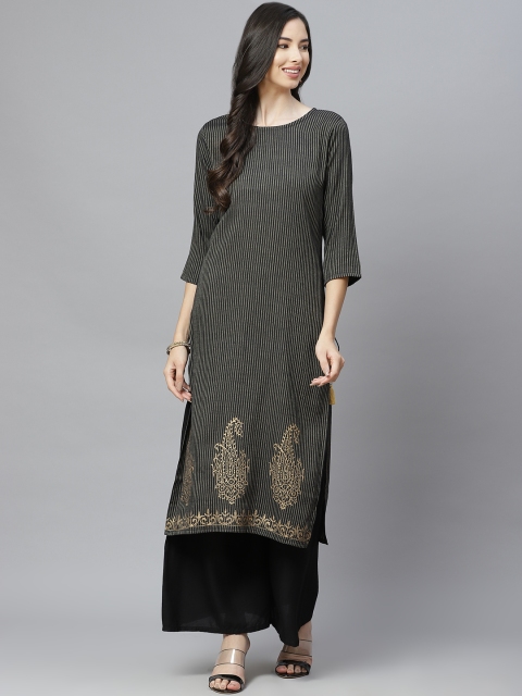 

aayusika Women Black & Gold-TonedStriped Round Neck Kurta