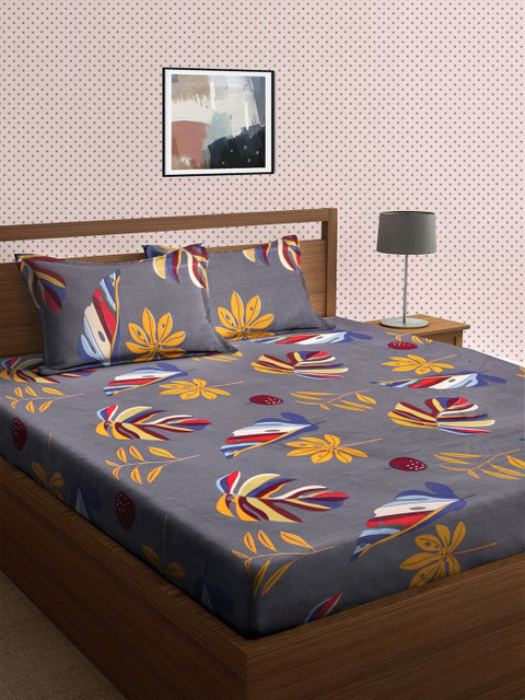 

KLOTTHE Grey & Yellow Floral 210 TC King Bedsheet with 2 Pillow Covers