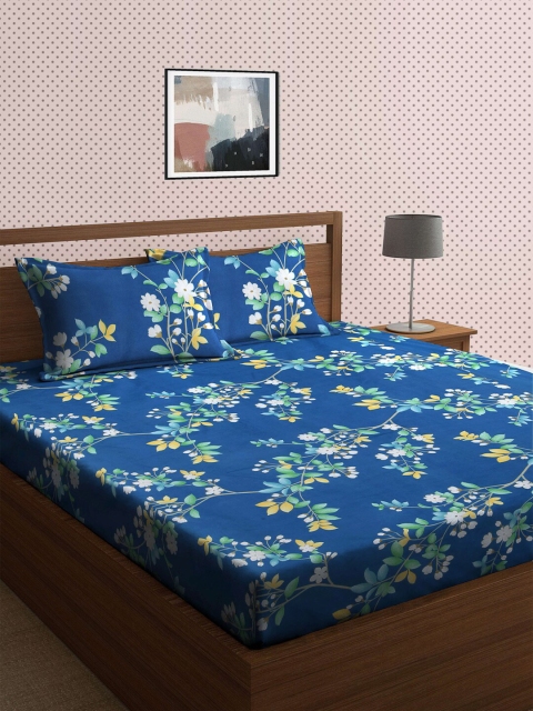 

KLOTTHE Blue & White Floral 210 TC King Bedsheet with 2 Pillow Covers