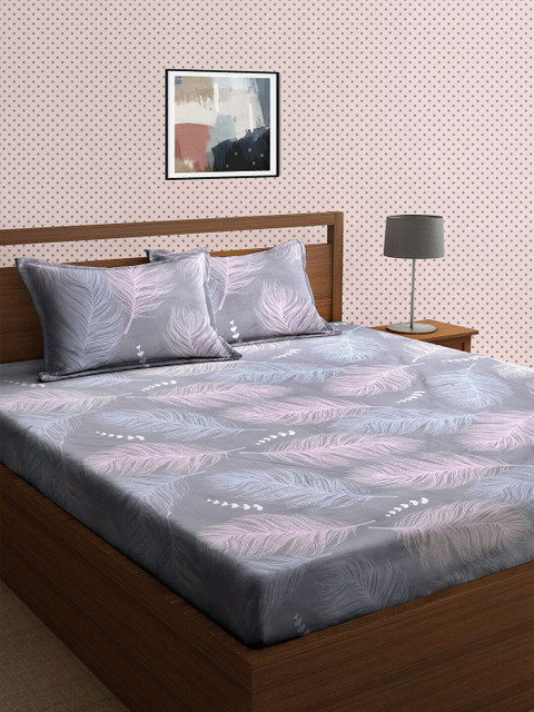 

KLOTTHE Grey & Lavender Floral 210 TC King Bedsheet with 2 Pillow Covers