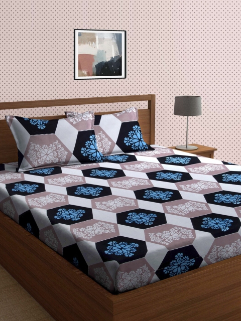 

KLOTTHE White & Grey Geometric 210 TC King Bedsheet with 2 Pillow Covers