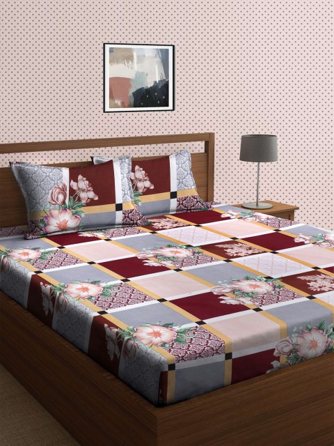 

KLOTTHE Pink & Grey Floral 210 TC King Bedsheet with 2 Pillow Covers