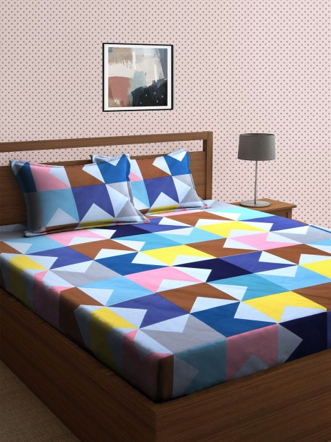 

KLOTTHE Blue & Yellow Geometric 210 TC King Bedsheet with 2 Pillow Covers