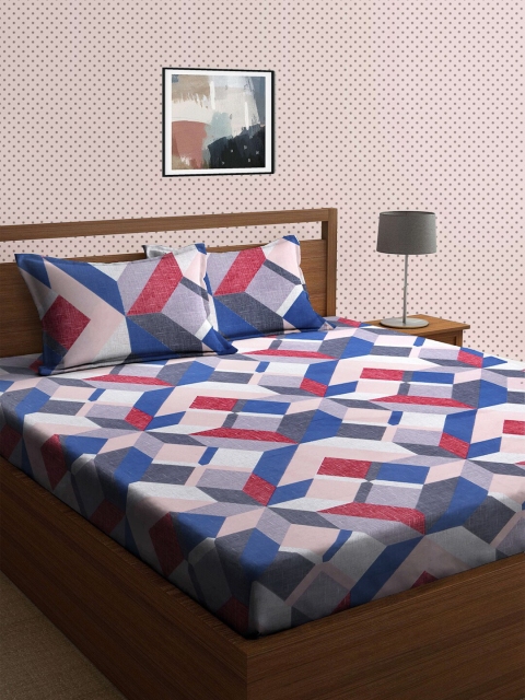 

KLOTTHE Blue & White Geometric 210 TC King Bedsheet with 2 Pillow Covers