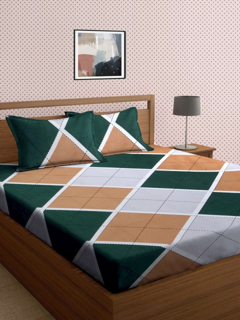 

KLOTTHE Brown & Green Geometric 210 TC King Bedsheet with 2 Pillow Covers