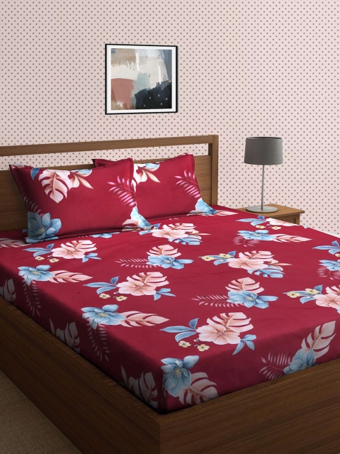

KLOTTHE Red & Blue Floral 210 TC King Bedsheet with 2 Pillow Covers