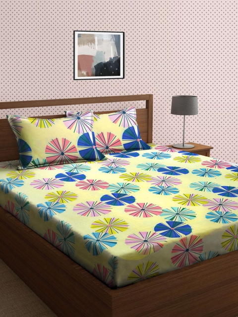 

KLOTTHE Yellow & Blue Floral 210 TC King Bedsheet with 2 Pillow Covers