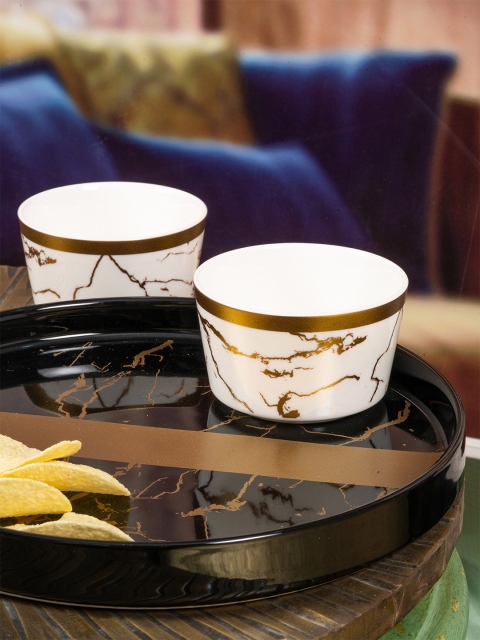 

White Gold Set of 3 White & Gold-Toned Floral Printed Porcelain Glossy Bowls