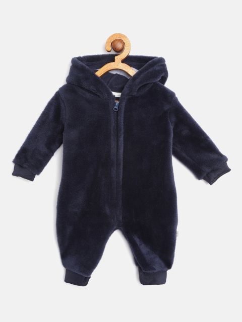 

Moms Love Infant Boys Navy Pure Cotton Solid Hooded Sherpa Winter Rompers, Navy blue