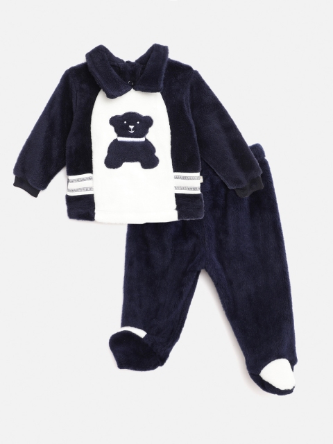 

Moms Love Infant Boys Navy Blue & White Cotton Colourblocked Faux Fur Sweatshirt & Pyjamas