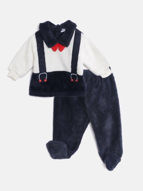 

Moms Love Infant Boys Navy Blue & White Cotton Faux Fur T-shirt with Pyjamas