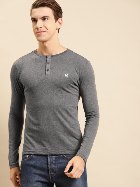 

United Colors of Benetton Men Charcoal Grey Solid Henley Neck T-shirt