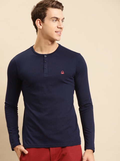 

United Colors of Benetton Men Navy Blue Henley Neck T-shirt