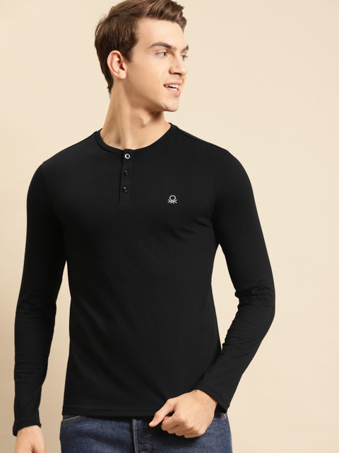 

United Colors of Benetton Men Black Henley Neck T-shirt