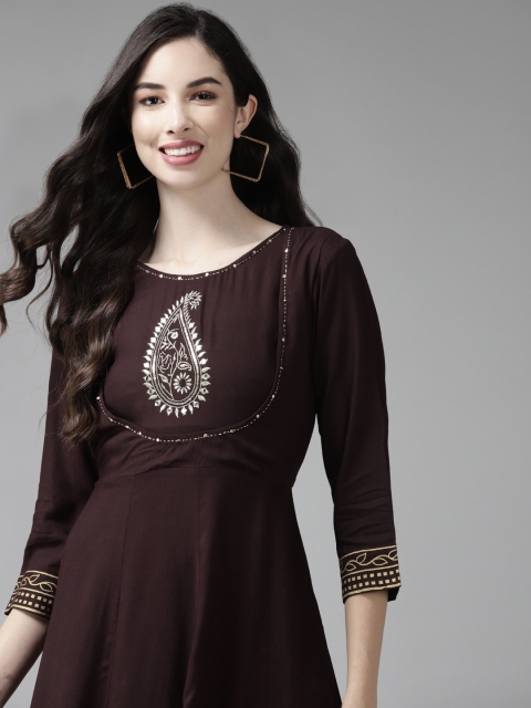 

Yufta Brown Paisley Embroidered Ethnic A-Line Maxi Dress