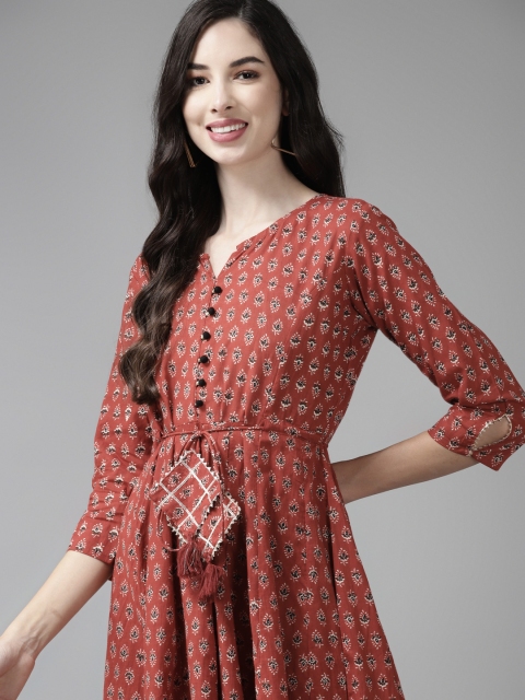 

Yufta Peach-Coloured Ethnic Motifs Pure Cotton Ethnic A-Line Maxi Dress