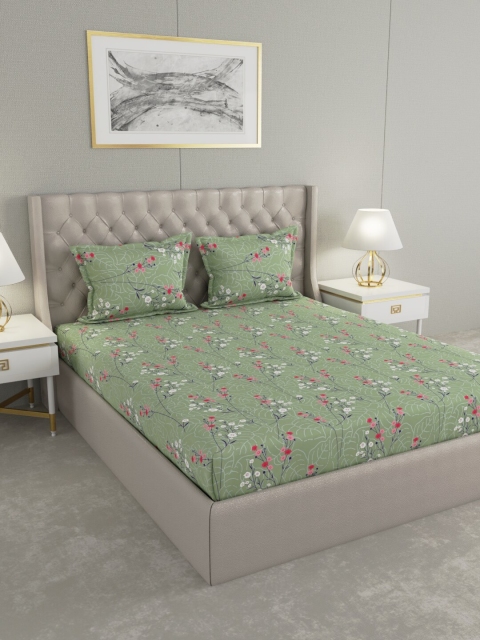 

Raymond Home Green & Pink Floral 104 TC Queen Bedsheet with 2 Pillow Covers