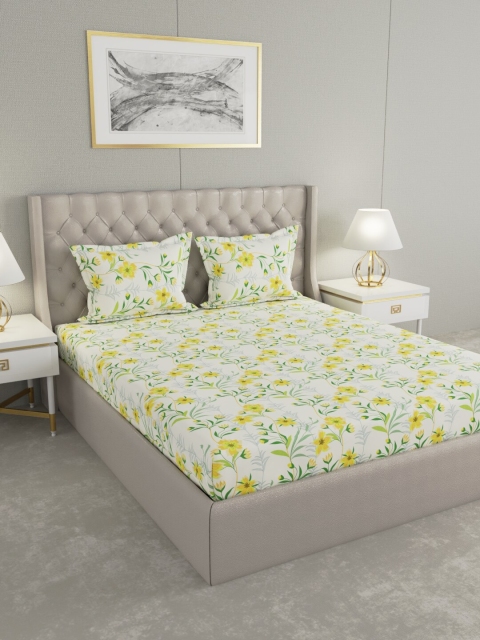 

Raymond Home Off White & Yellow Floral 104 TC Queen Bedsheet with 2 Pillow Covers