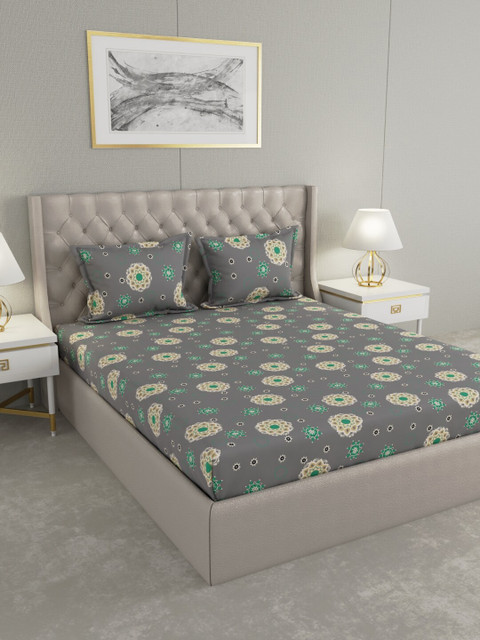 

Raymond Home Grey & Green Ethnic Motifs 104 TC Queen Cotton Bedsheet with 2 Pillow Covers